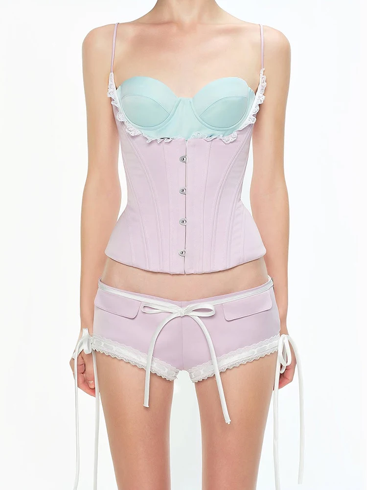 Sisterlinda Spitzen-Patchwork Süßes Camisole-Top für Damen mit tiefem Ausschnitt, unregelmäßiger Einreiher, Y2K Wild Summer Valentine's Day Clubwear Tops – Detail 13