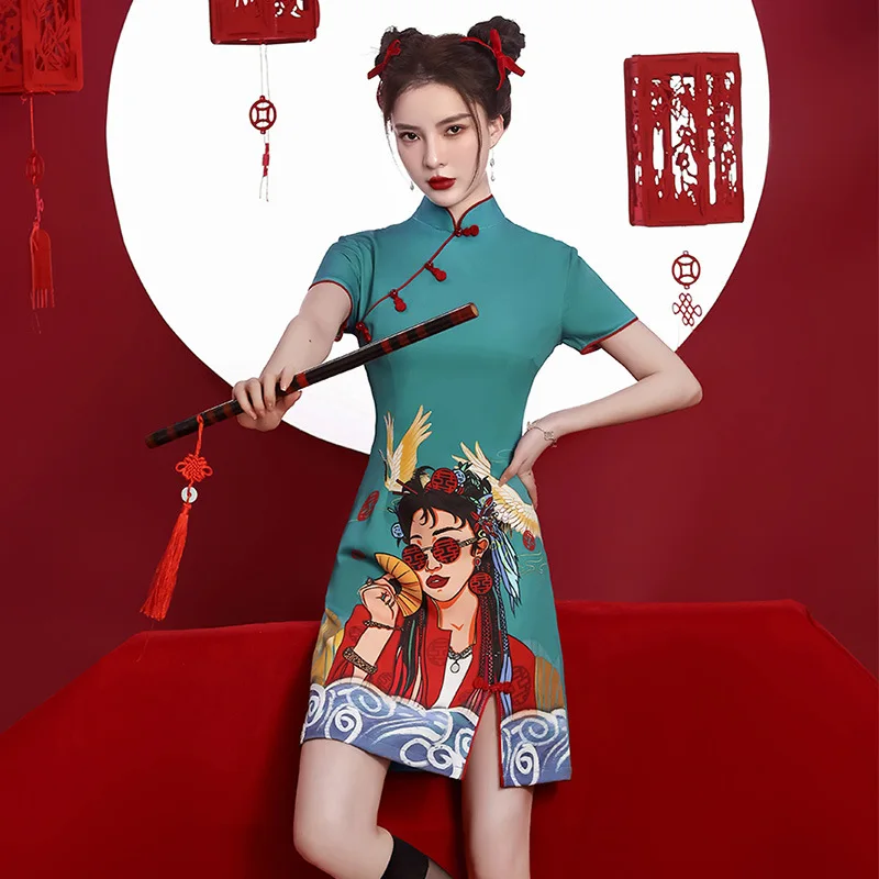 

Summer Chinese Cartoon Printed Satin Traditional Mandarin Collar Qipao Short Sleeves Mini Cheongsam Retro Women Dress
