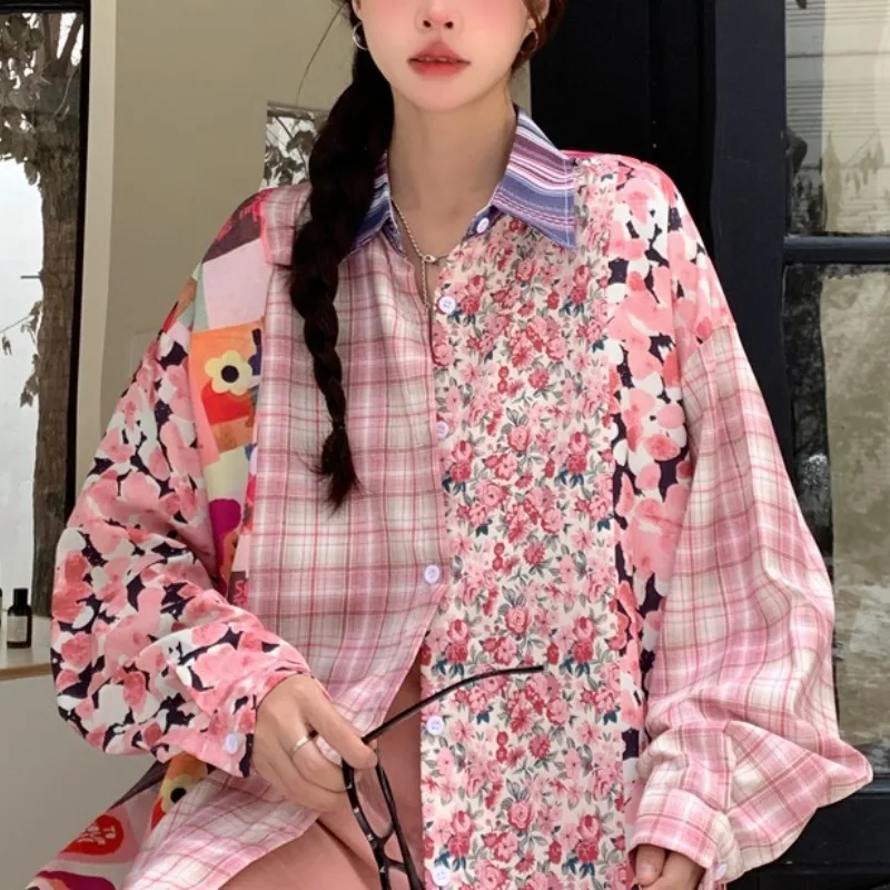 Women's Spring Autumn Turn-down Collar Floral Plaid Print Patchwork Geometric Button Long Sleeve Cardigan T-shirt Casual Tops