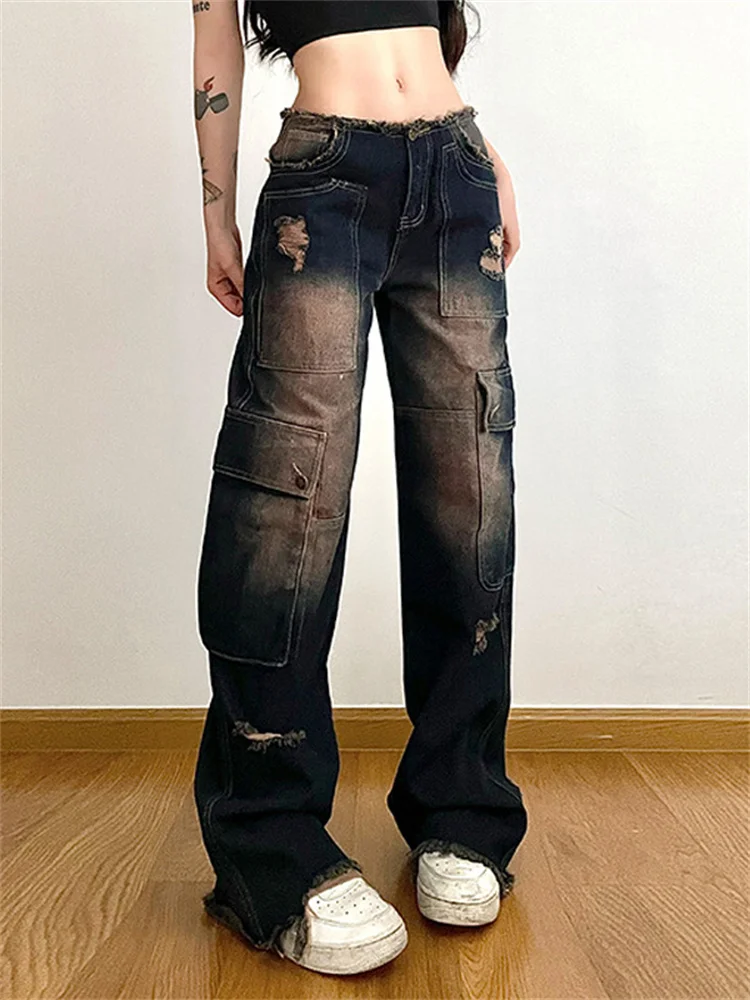 

2023 Dark Y2k Streetwear Vintage Washed Cargo Jeans Gothic Ripped Baggy Women Denim Pants Grunge Low Waist Casual Pocket Trouser