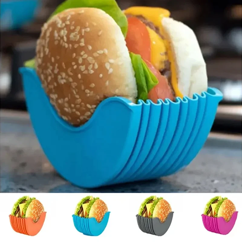 Hamburger Holders 4pcs Retractable Hamburger Holders Hamburger Fixed Box Sandwich Burger Clip Rack Washable Silicone French Fry Sauce