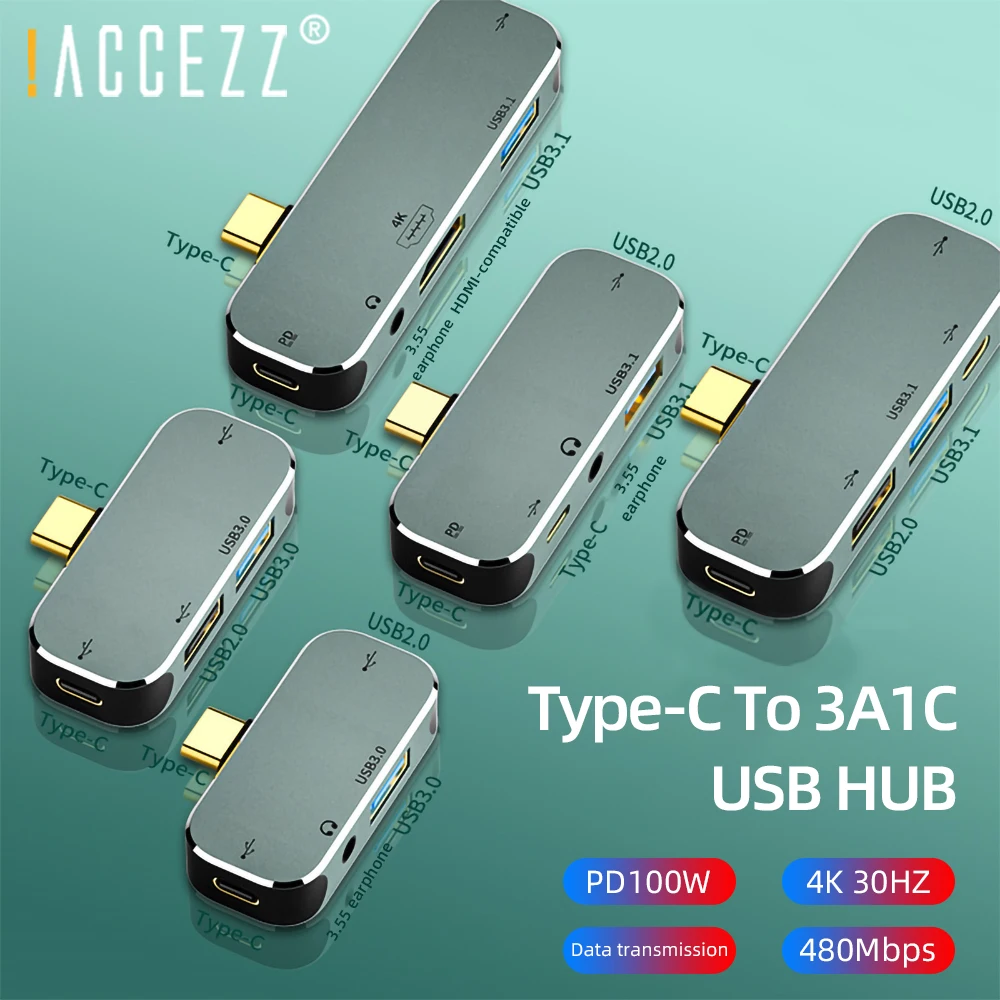 !ACCEZZ 6 in 1 Type C Docking Station USB C HUB Type-C Splitter PD Charge USB 3.1 HDMI-compatible 4K 3.5 Jack For Macbook Laptop type c to iphone converter Adapters & Converters