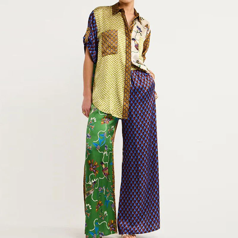 

Classic Button Graphic Outfits Women Summer Short Sleeve Shirts with Wide Leg Pants Sets Vintage Tow-piece Pocket Loose Outfits