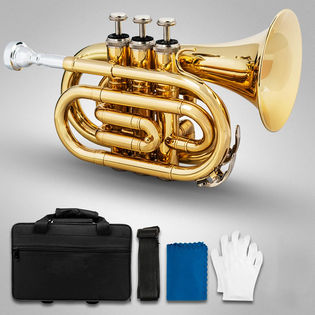 Professional Pocket Trumpet Tone Flat B Bb Brass Music Instruments Mouthpiece Gloves Cloth Brush Grease Case Woodwind Instrument