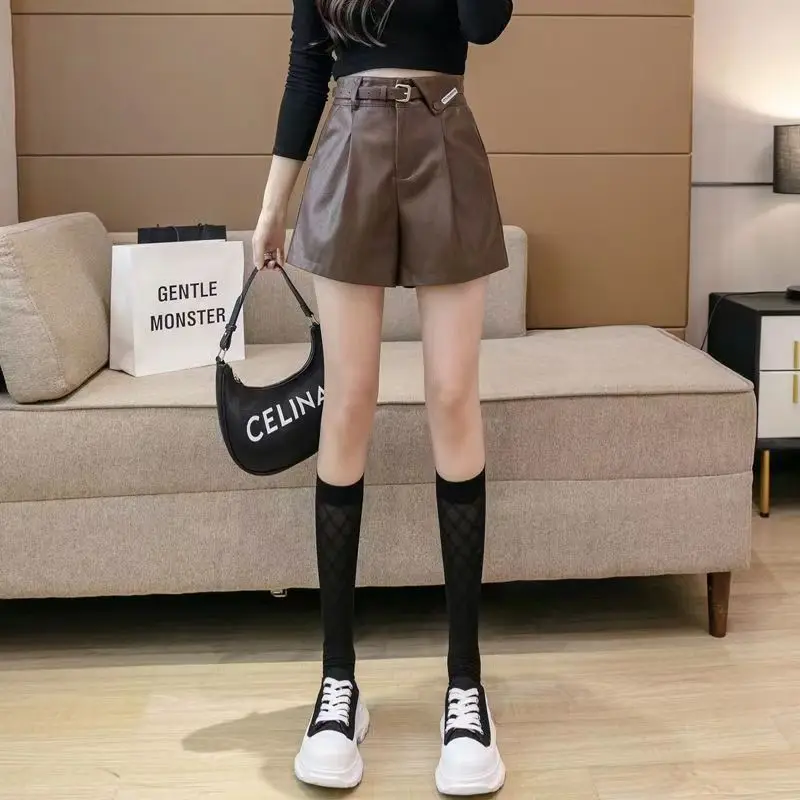 Women's Clothing Fashion All-match Pockets Patchwork Leather Shorts Autumn Winter Trend Korean New Solid Color High Waist Pants