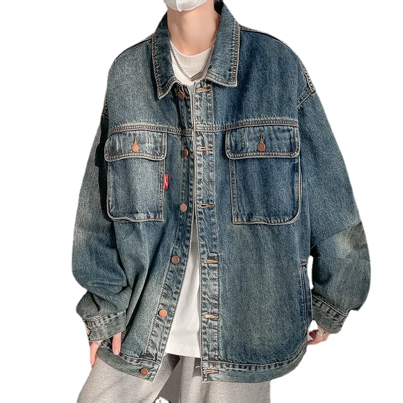 

American High Street Fashion Spring Washed Jackets for Men Tops Cotton Denim Jacket Mens Large Size Vintage Male Denim Jacket