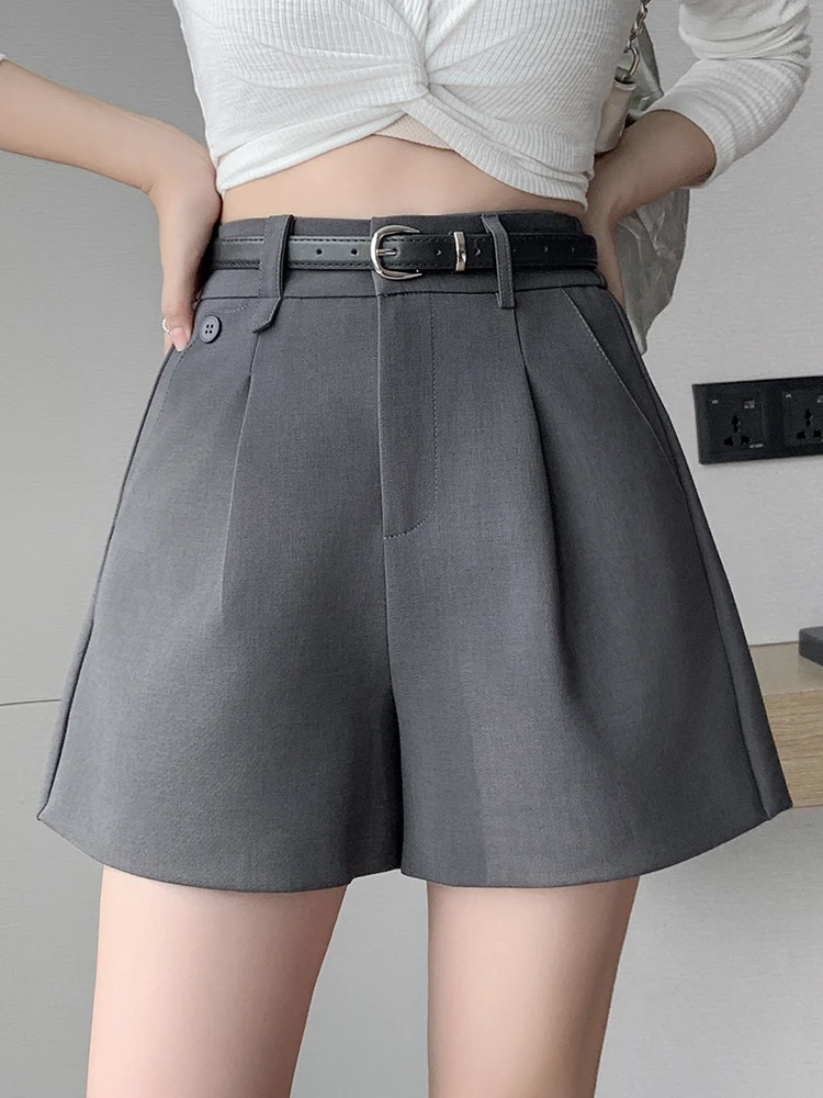 QOERLIN Summer Wide Leg Shorts Women Office High Waist Suit Shorts Loose Button Solid Classic Casual Black Shorts With Belt New