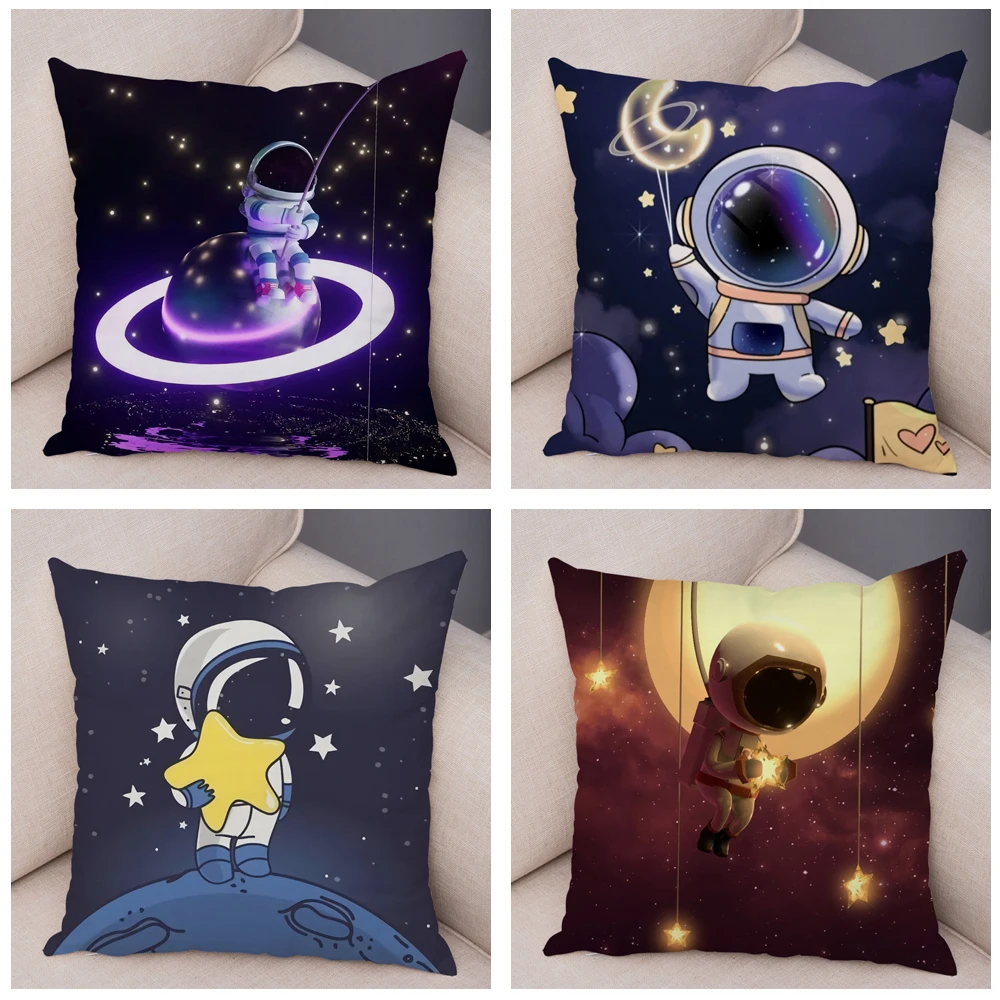 Cartoon Astronauts Cushion Cover Soft Plsuh Decor Cosmic Sky Pillowcase for Sofa Home Car Double Print Pillow Case Children Room images - 6