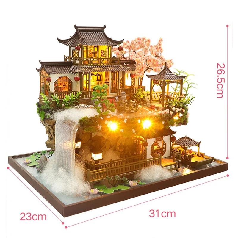 DIY Wooden Miniature Model Kit Chinese Ancient Casa Cherry Blossom Villa 3D Puzzle Dollhouse With Furniture Lights Home Decor 6