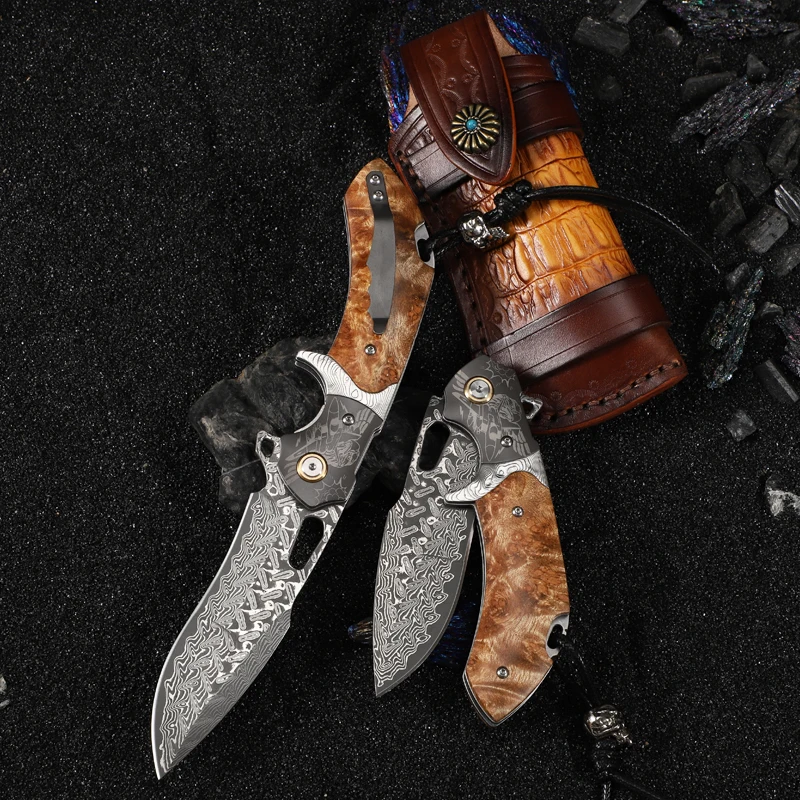 VG10 Damascus Steel pocket knife White Shadow Wood handle ball bearing knife Camping Hunting Survival outdoor EDC folding knife 5
