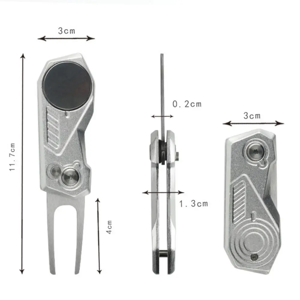 1개 멀티 스위치블레이드 골프 디봇 수리 도구 볼 마커 알루미늄 합금 미니 골프 디봇 도구 접이식 버튼 골프 그린 포크