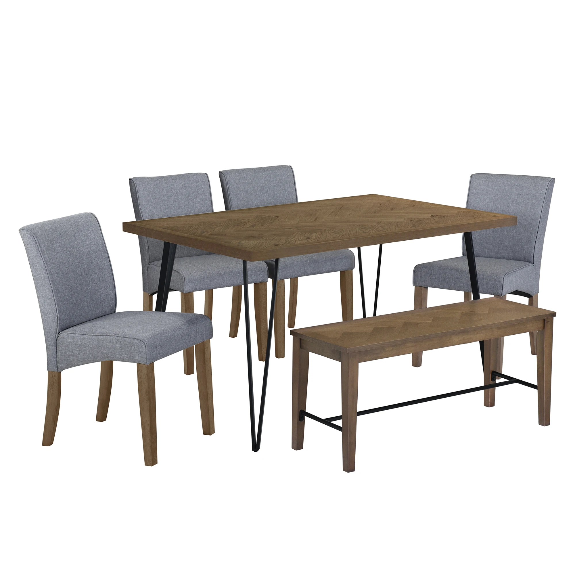 

TOPMAX Modern 6-Piece Dining Table Set with V-Shape Metal Legs, Wood Kitchen Table Set with 4 Upholstered Chairs and Bench for 6