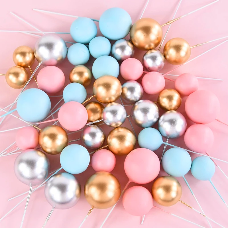 10Pcs 2-3cm Ball Cake Topper Gold Blue Pink DIY Cake Decorations Wedding Kids Birthday Party Supplies Baby Shower Cupcake Flag