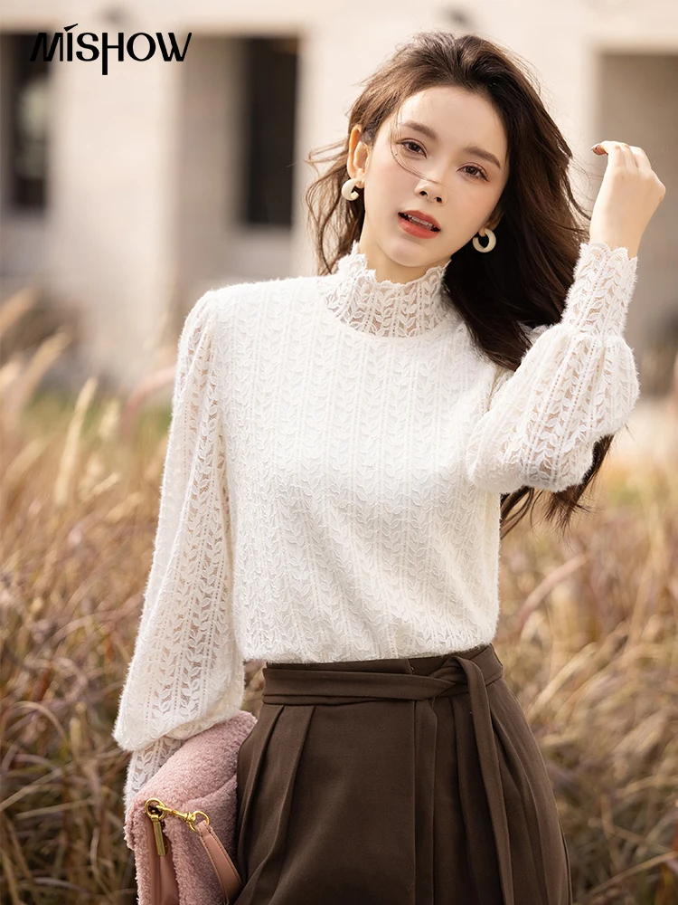 

MISHOW Fleece Lace T-shirt for Woman Soft Bottoming Top Autum Winter Elegant Office Lady Turtleneck Long Sleeves Tees MXB48X0418