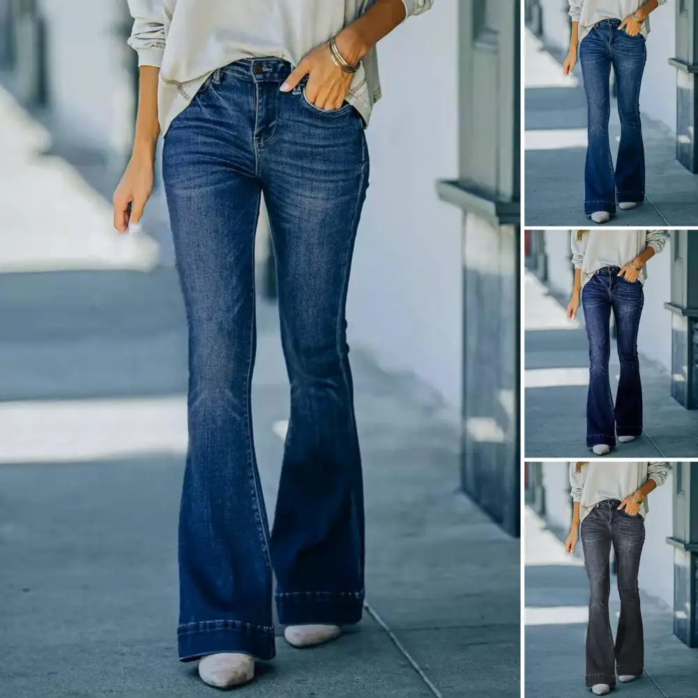 

Women Jeans High Waist Button Zipper Closure Flared Hem Slim Fit Solid Color Full Length High Elasticity Multi Pocket