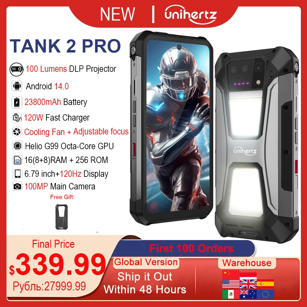 Unihertz Tank 2 PRO 8849 Rugged Smartphone with Projector 2.4K 23800 mAh 16GB+256GB Mobile Phone Android 14 100MP NFC Cell Phone