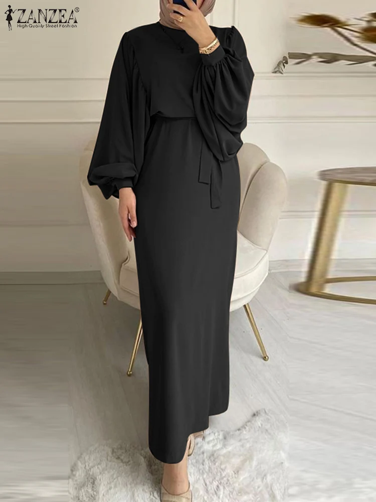 

Fashion Lace Up Muslim Dress Women Long Sleeve Maxi Solid Sundress Robe Femme 2024 ZANZEA Female Marocain Turkish Vestidos Robe