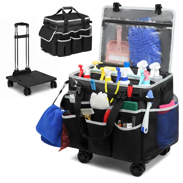 Sac de caddie de nettoyage roulant, sac à outils, sac de rangement d'outils de nettoyage, grand sac de nettoyage Portable professionnel avec roues, sacs Oxford 1