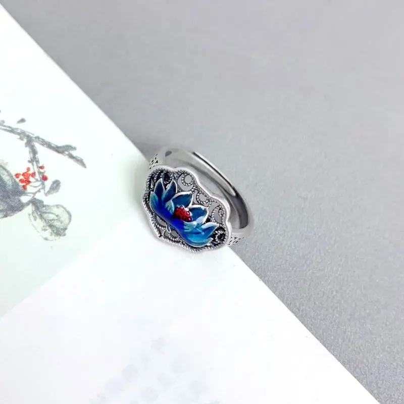 925 Sterling Silver Vintage Blue Lotus Ring Filigree Craft Chinese Style Flower Adjustable Opening Ring Jewelry For Women JZ121