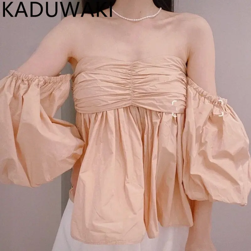 

Solid Puff Sleeve Slash Neck Shirt Pleated Femme Clothes Shoulder Strapless 2023 Summer Japan Style Hotsweet Sexy Women Tops
