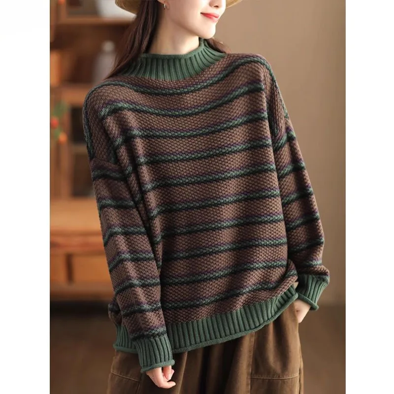 Wide Stripe High Collar Loose Pullover - Khaki