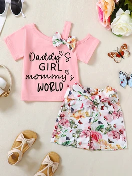 Toddler Baby Girls Clothes T-shirt + Casual Shorts Pants Cute Summer Clothing Set Outfits Halter Slant Shoulder Bow Top 2