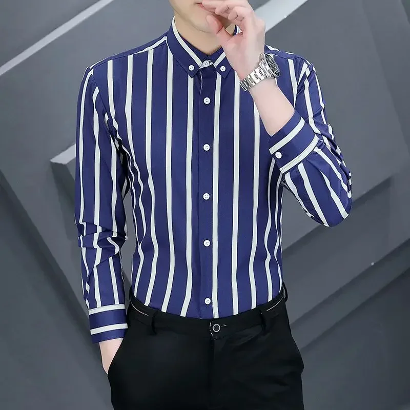 

Spring Autumn New Contrast Color Fashion Striped Shirt Man High Street Casual Loose Button Long Sleeve England Office Cardigan