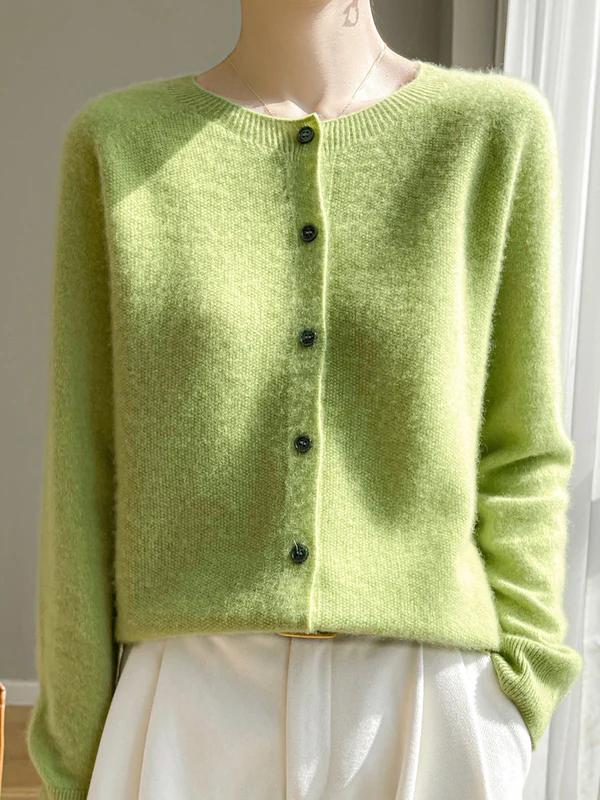 Women 100% Merino Wool Cardigan Soft O-Neck Cashmere Sweater OL Buttoned Knitwear Casual Top Clothing Korean Style