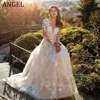 ANGEL Elegant Lace A-line Wedding Dresses Customized Long Sleeves Bride Gowns Applique O-Neck Button Tulle robe de mariée 1