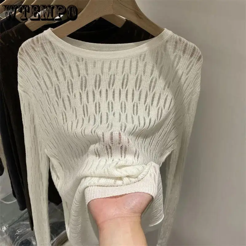

Thin Hollow Knit Women's Spring Loose Long-sleeved Lazy Top Pullover Sweater
