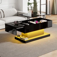 Table à thé élévatrice moderne à haute brillance Table basse LED 100x50x45 Cm avec éclairage LED, plateau de table semi-ascenseur et design coulissant latéral 3