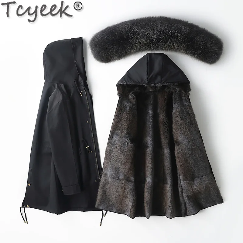 Tcyeek Natural Mink Fur Parka Real Fur Jacket Female Winter Jackets for Women Clothes 2023 Korean Warm Detachable Fox Fur Collar