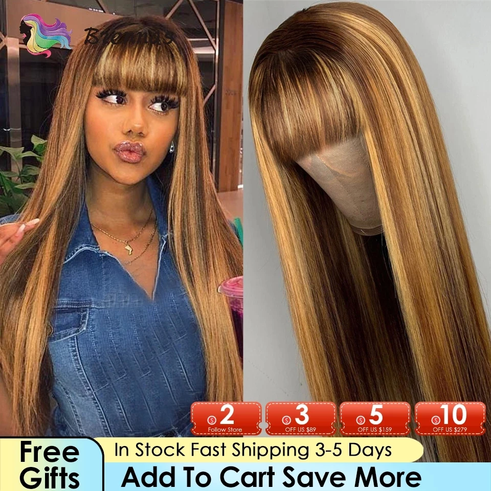 Ombre Human Hair Wigs Highlight Straight Wig With Bangs Glueless Machine Made Wigs 100% Peruvian Human Remy Hair For Black Women