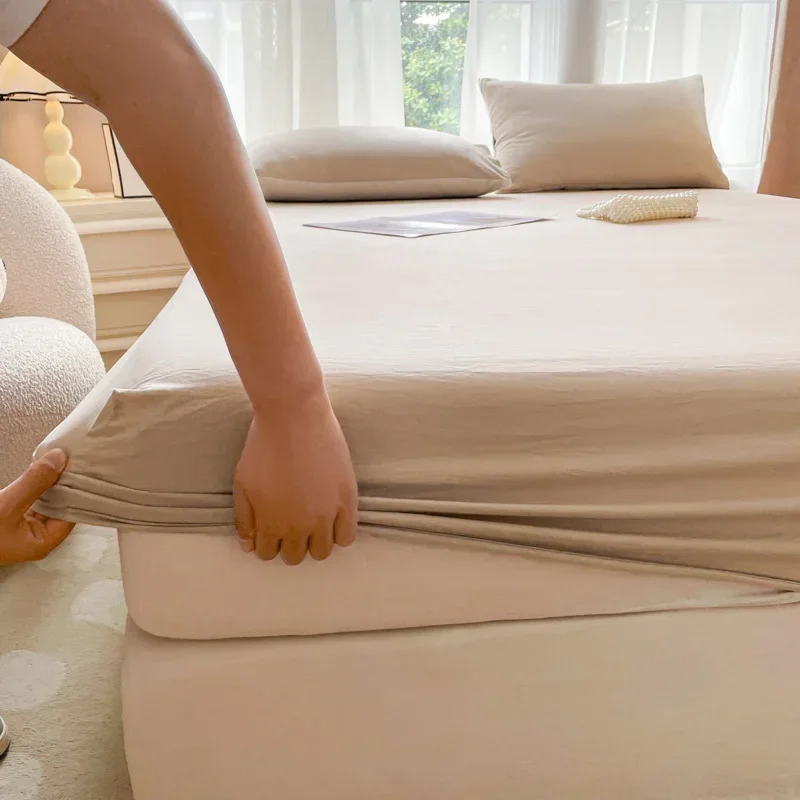Beige Fitted Bed Sheets Washed Cotton Ultra Soft Slightly Wrinkled Linen Feel Breathable Deep Pocket Solid Mattress Protector 3