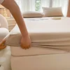 Beige Fitted Bed Sheets Washed Cotton Ultra Soft Slightly Wrinkled Linen Feel Breathable Deep Pocket Solid Mattress Protector 3