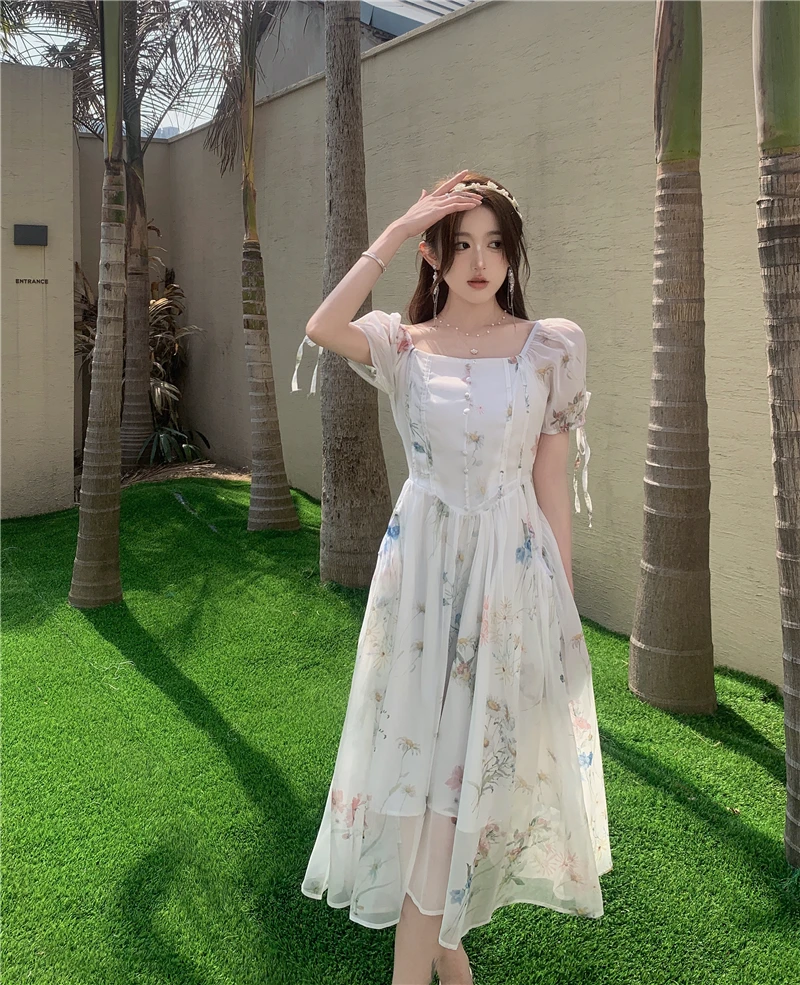 

French Elegant Dress Office Women Short Sleeve Beach Style Dress Party Chinese Dresses Women 2023 Summer Casual Vintage Dresses