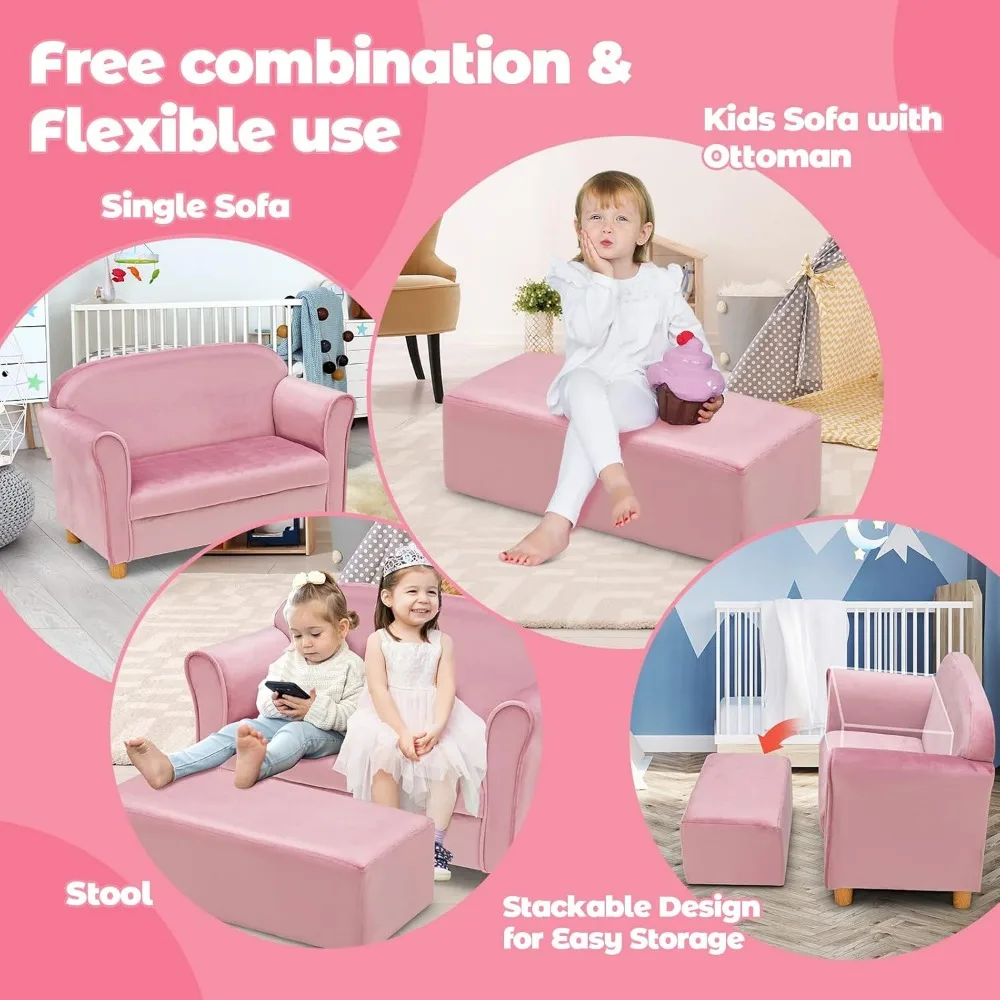Kids Sofa with Ottoman, 2 Seat Toddler Upholstered Couch, Children Armrest Chair Lounge for Nursery Kindergarten Kids Room 5