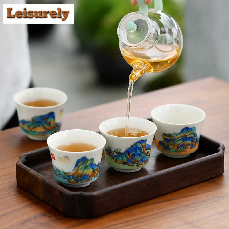 4pc/lot 85ml Landscape White Porcelain Teacup Ancient Tea Bowl Teacup Meditation Cup Chazhan Master Cups Tea Services Gift Box