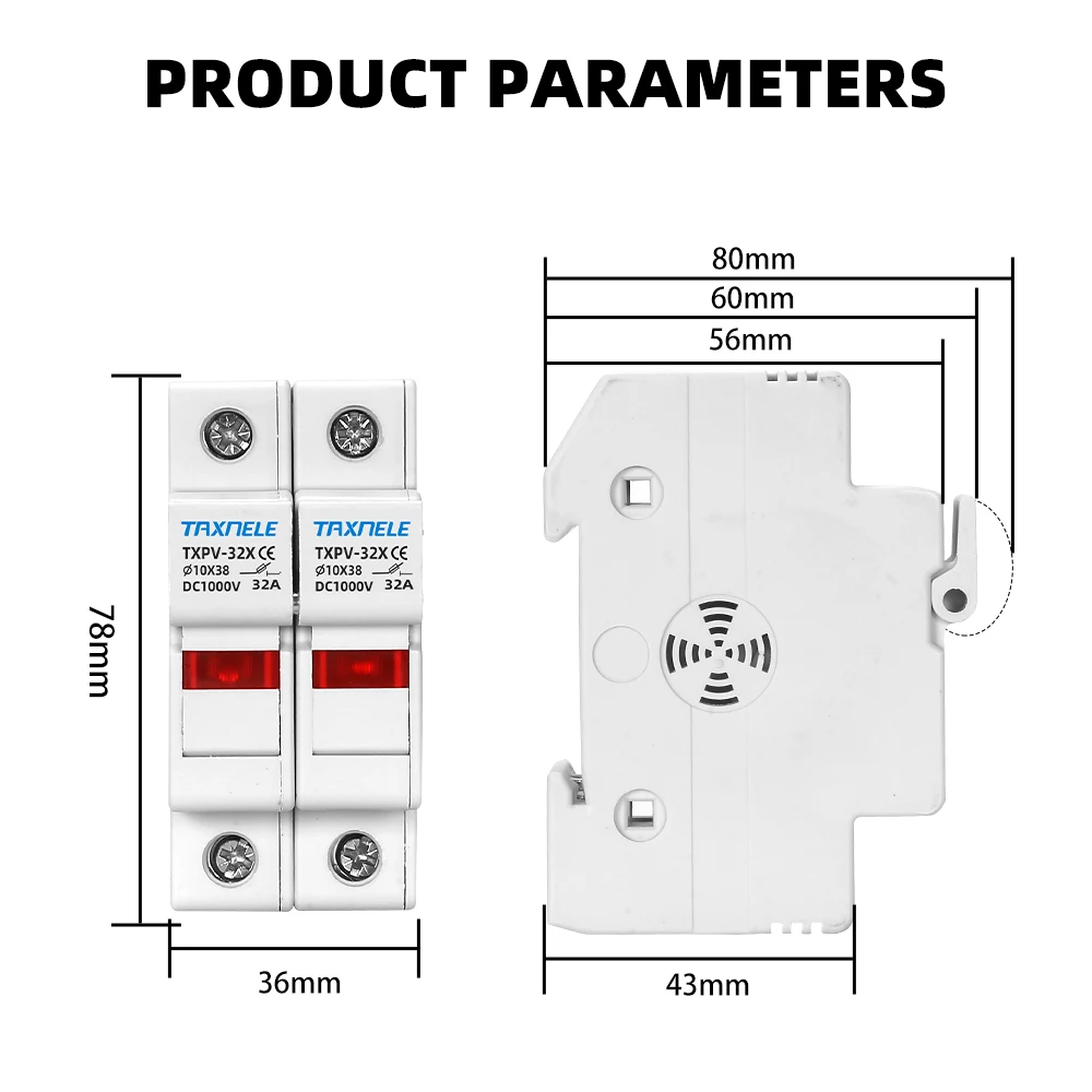 Solar PV Fuse Holder - 2P Parallel DC Fuse Base, 10x38mm, 1000V, Short Circuit Protector