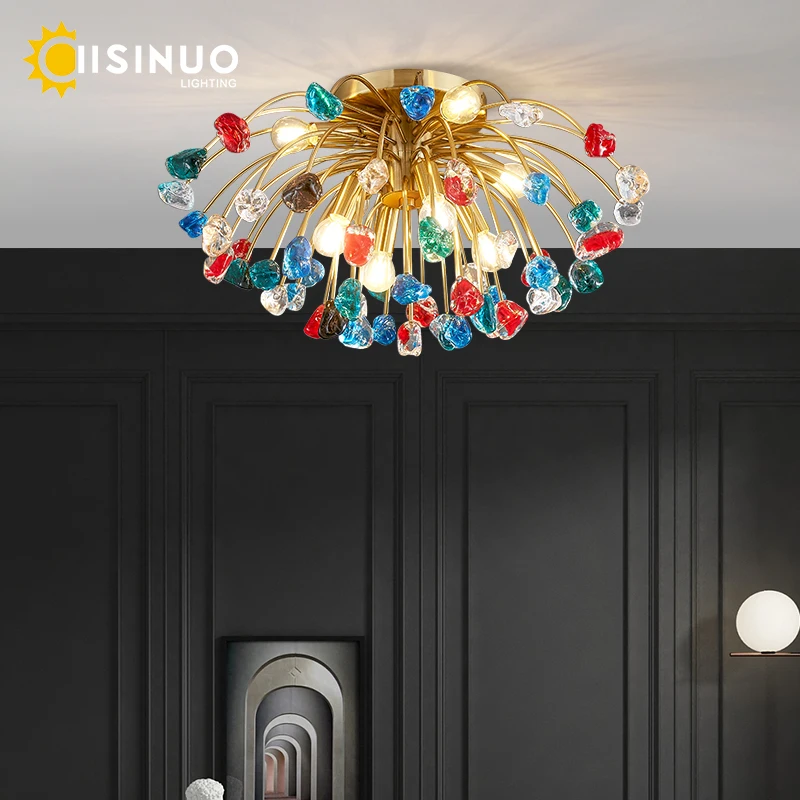 

Modern Colorful Crystal Gold Chandelier Round Ceiling Lights E14 For Bedroom Living Room Luxury Home Indoor Decora Light Fixture