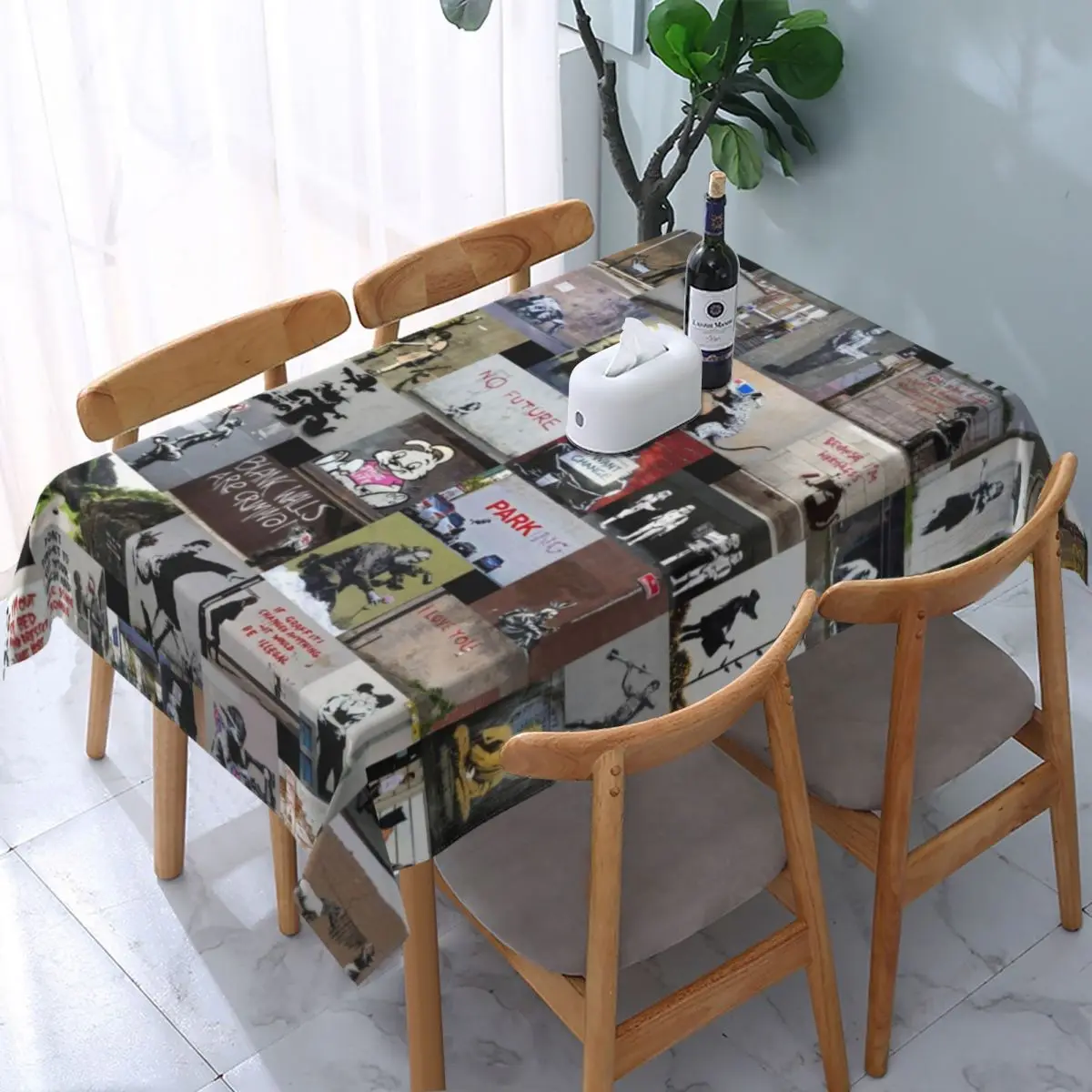

Banksy Street Graffiti Tablecloth Rectangular Elastic Fitted Oilproof London Pop Art Table Cloth Cover for Banquet