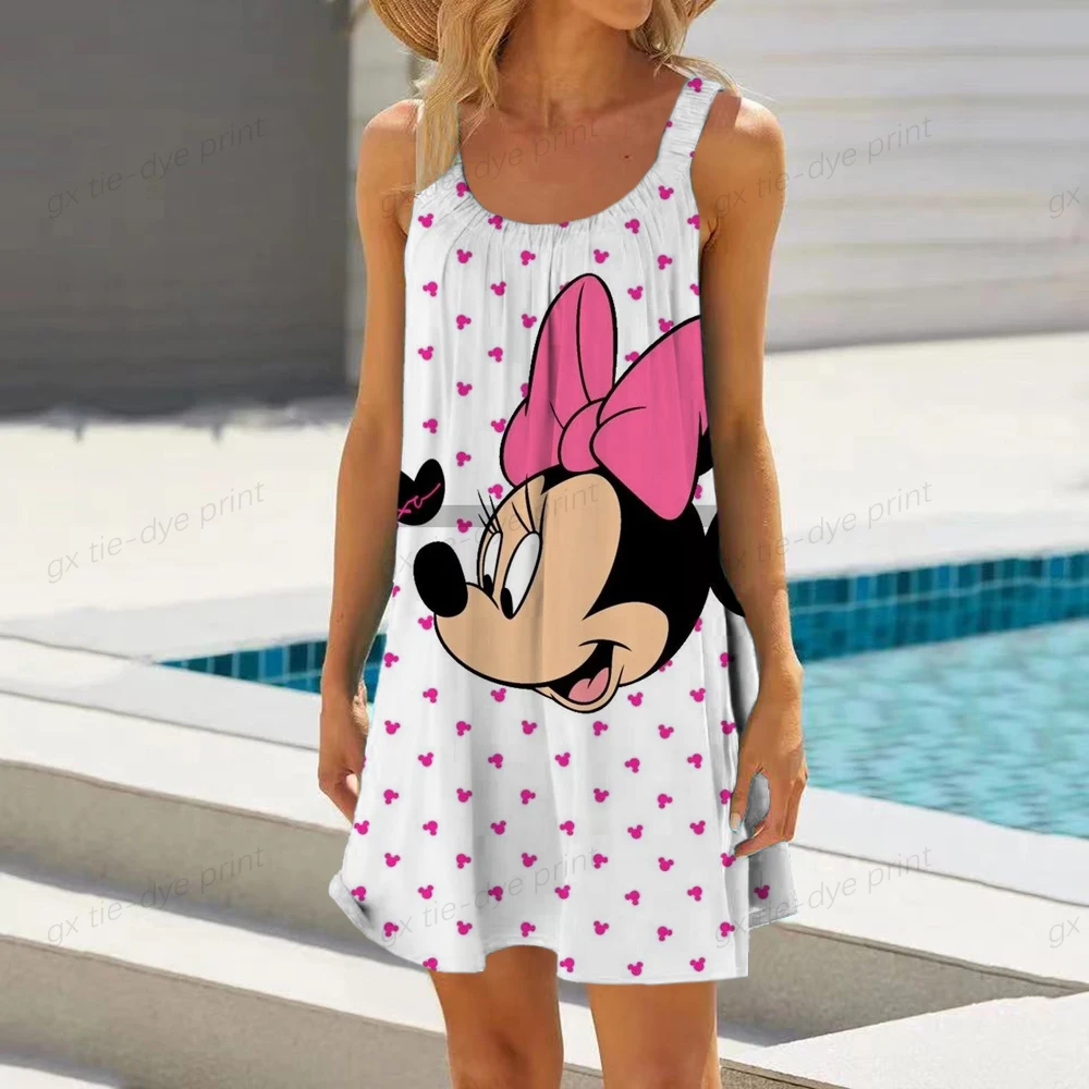 

Summer Women Beach Dress Disney Brand Mickey Mouse Print Sling Ladies Loose Beach Dresses A-Line Holiday Plus Size Dress Vestido