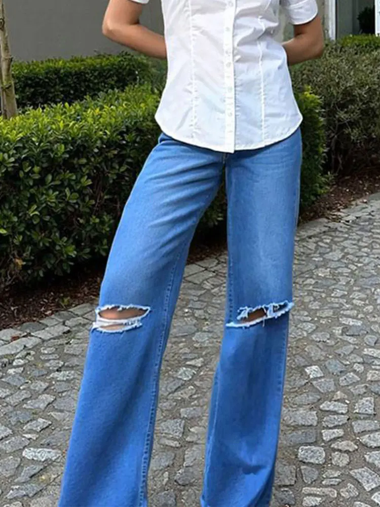 HH Women Fashion Knee Hole Jeans High Waist Zipper Wide Leg Denim Pants Vintage Y2k High Street Lady Trousers Ripped Jeans