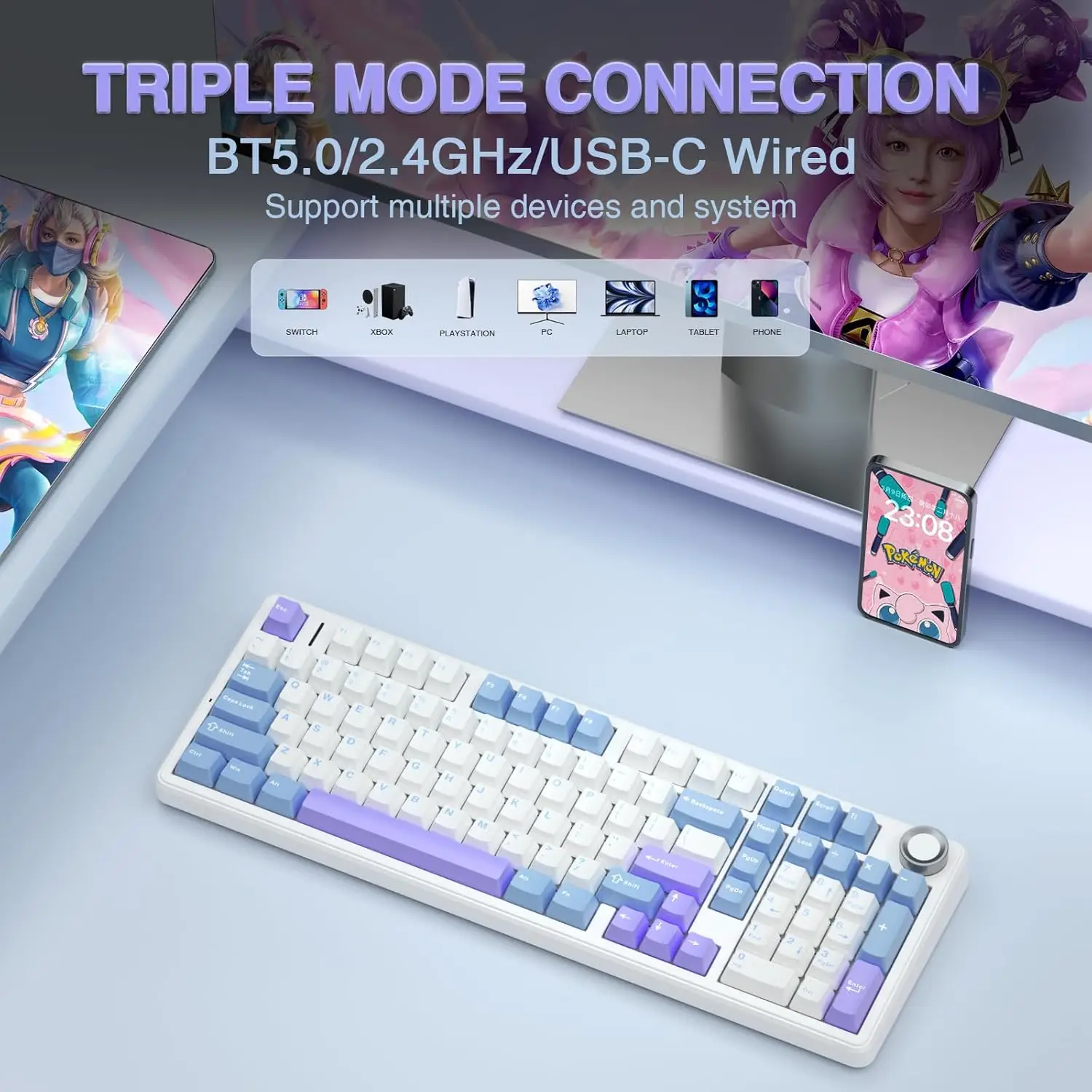 AULA F99 PRO 무선 게이밍 기계식 키보드 99키 핫스왑 가능 가스켓 구조 96% 8000mAh 배터리 키보드 (노브 포함)