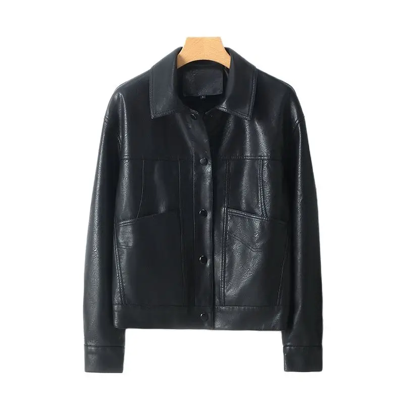 

2023 New Women's Motorcycle Leather Jacket Spring and Autumn Women's Leather Lapel Button Slim Korean Version of The Female Coat