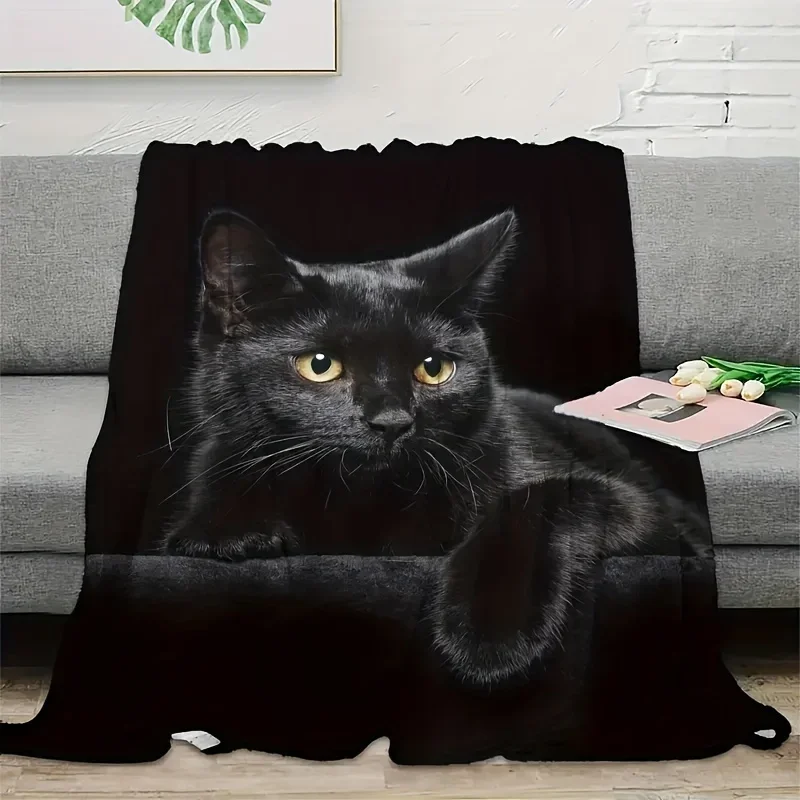 1pc Cute Black Cat With Yellow Eyes Soft Throw Blanket All Season Warm Blankets Lightweight Tufted Fuzzy Flannel Fleece Throws B 2