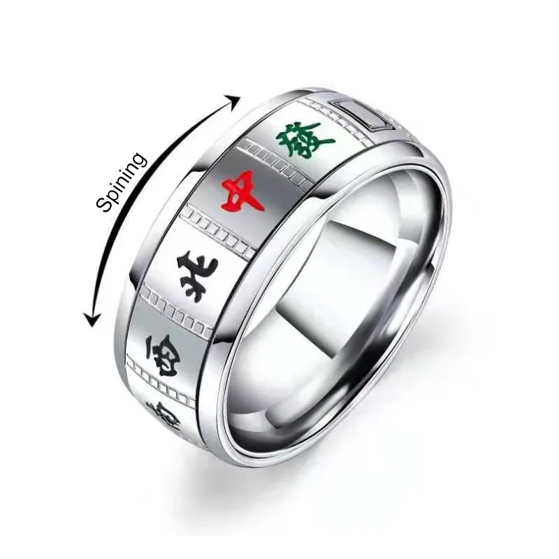 Rings Anxiety Fidget Stainless Steel Spinning Spinner Chinese Character Mahjong Rotatable for Men Women
