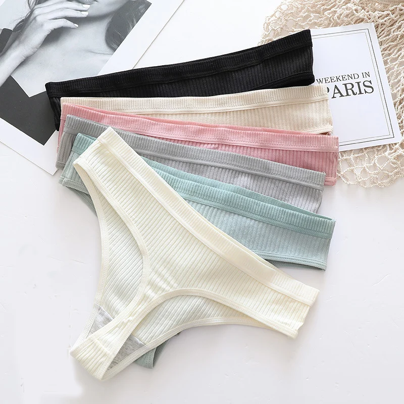 

New 2Pcs Female Sexy Thong Women Cotton Panties Low Waist Thongs Striped Solid Underpants Comfortable G-String Intimate Lingerie