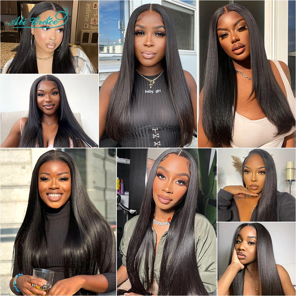 Ali Grace 5x5 Closure With Bundles Straight Hair 3 Bundle With Closure Brazilian Human Hair Weave Transparent Lace 30 32