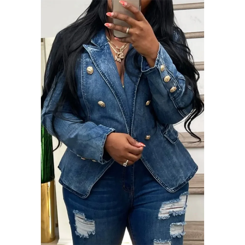 

Plus size women's denim jacket retro commuting casual dark blue fashion button lapel denim jacket